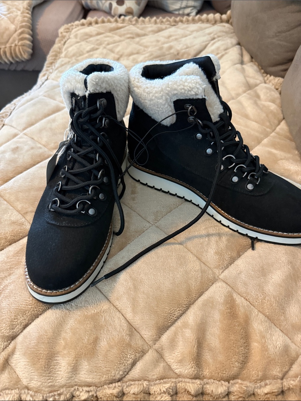 White Mountain Black Sherpa-Lined Lace-Up Ankle Booties